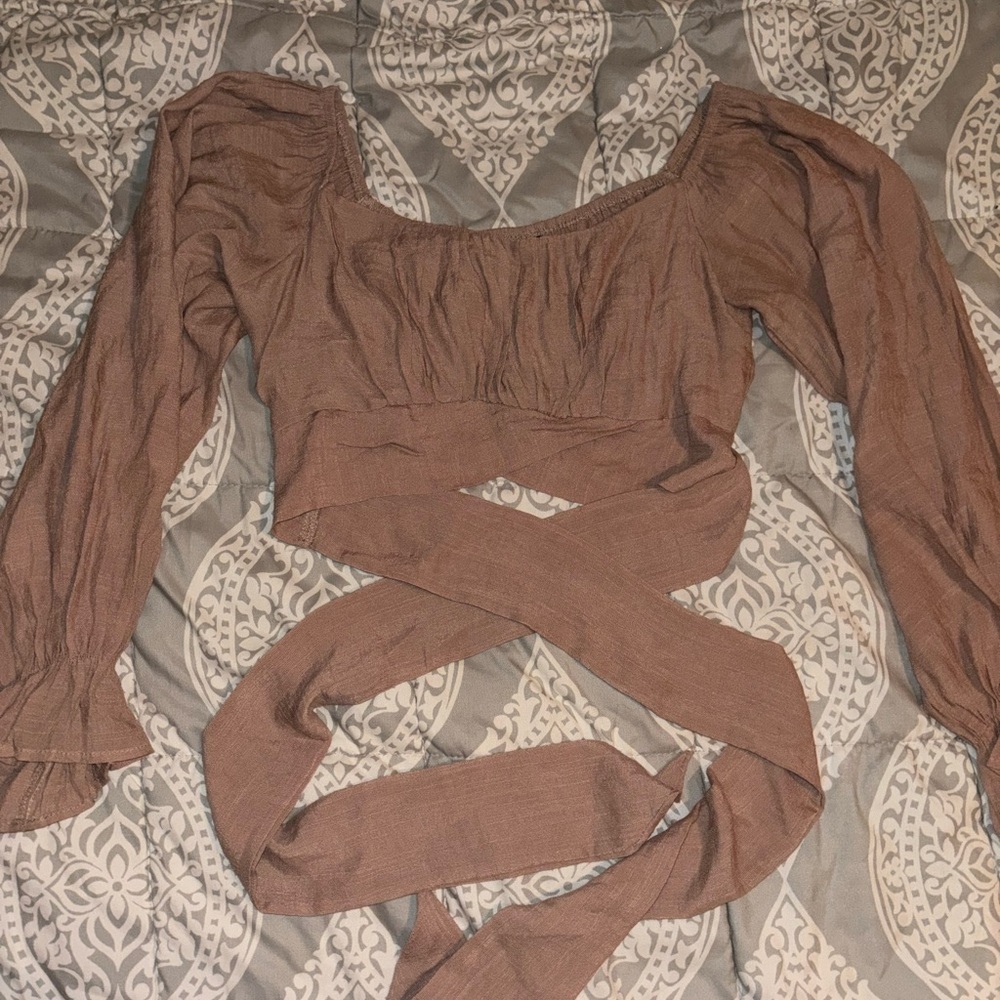 Womens Brown Wrap Crop Top with Long Sleeves